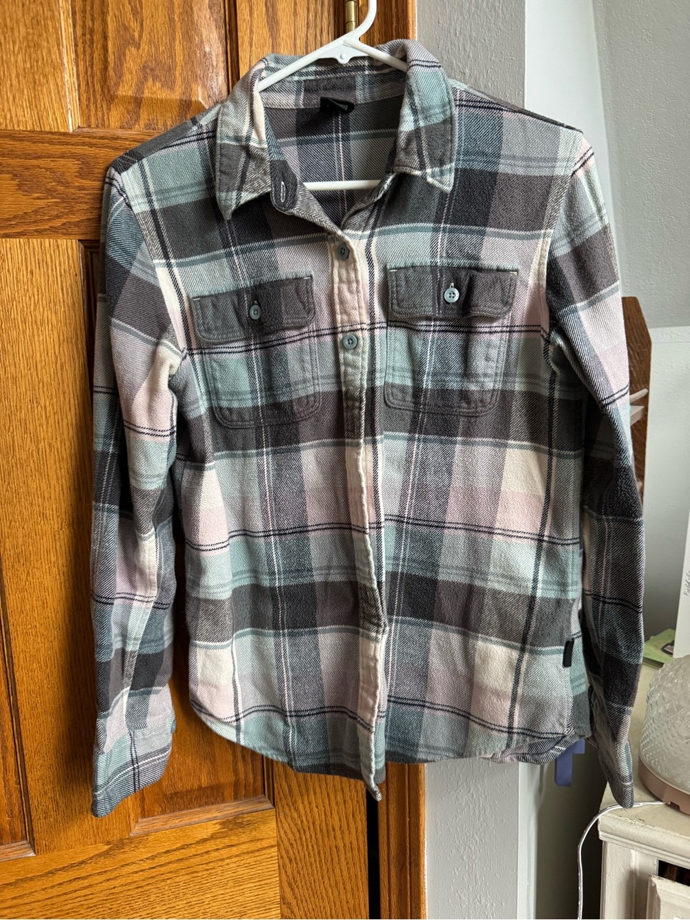 Patagonia Plaid Button-Front Flannel in Mint, Pink & Gray